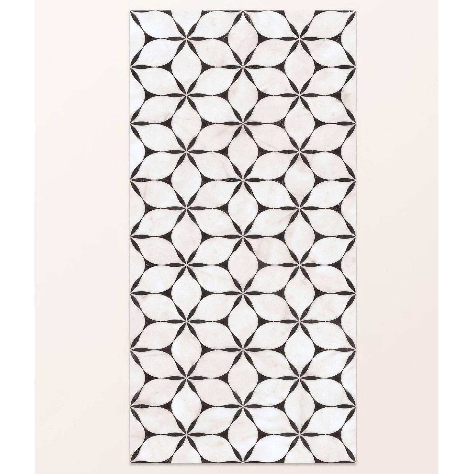 Byzantine porcelain elysium sculpted black and white geometric tile with a repeating quatrefoil pattern