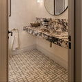 Byzantine Porcelain Forum Sculpted geometric porcelain tile in a bathroom