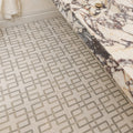 Byzantine porcelain forum sculpted floor tiles with beige and gray geometric interlocking square pattern