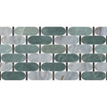 Byzantine porcelain lauro sculpted oval mosaic tile panel with alternating teal and gray marble shades and black grout lines