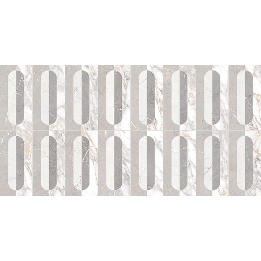 Byzantine porcelain palation sculpted white marble-effect tiles with subtle gray veining and vertical oval cutouts