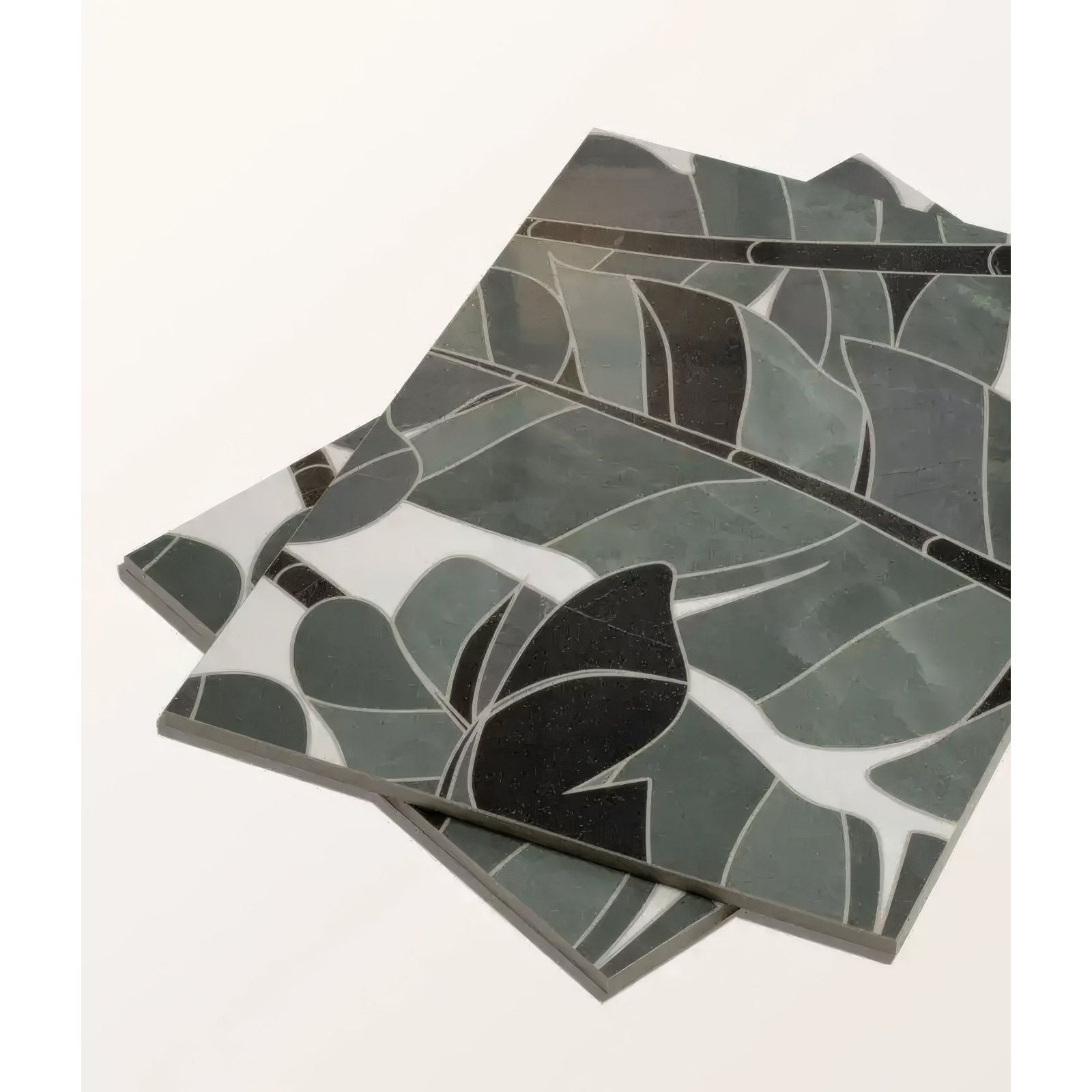 Byzantine porcelain palmette sculpted mosaic tiles with dark gray and black leaf patterns and white outlines