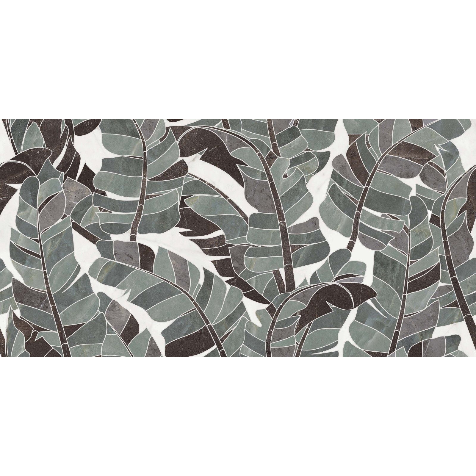 Gray and black tropical leaf mosaic tile in byzantine porcelain palmette sculpted design for decorative use