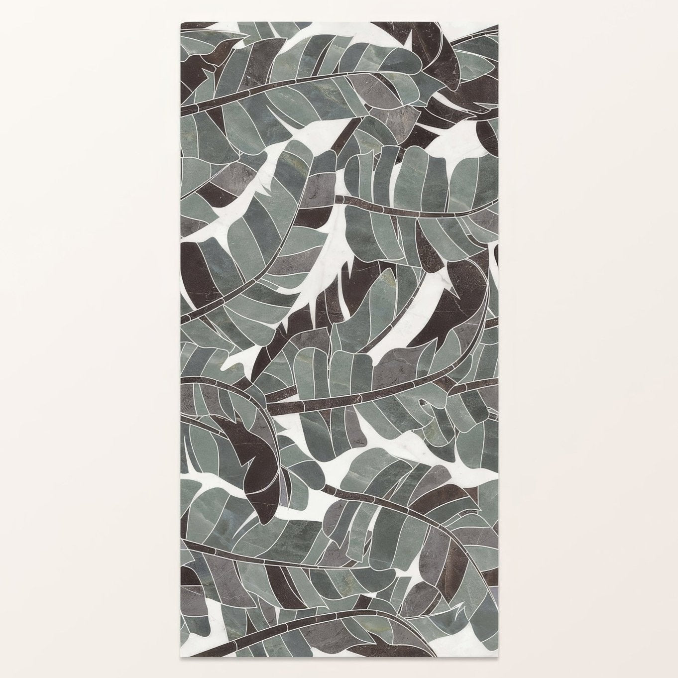 Byzantine porcelain palmette sculpted rectangular mosaic tile with overlapping tropical leaves pattern in gray black and white
