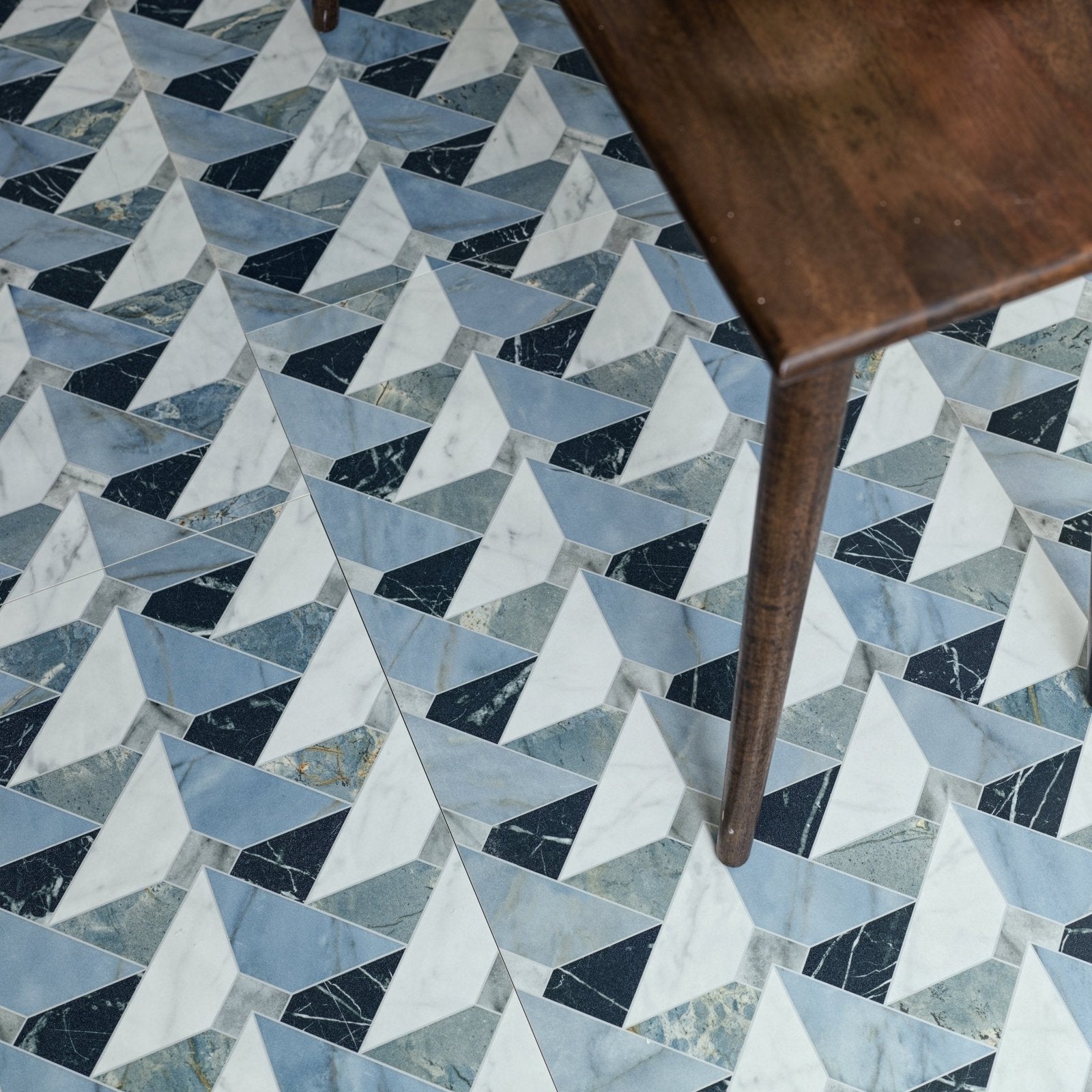 Byzantine porcelain seraph sculpted geometric mosaic floor tiles in white gray and black marble with triangular design