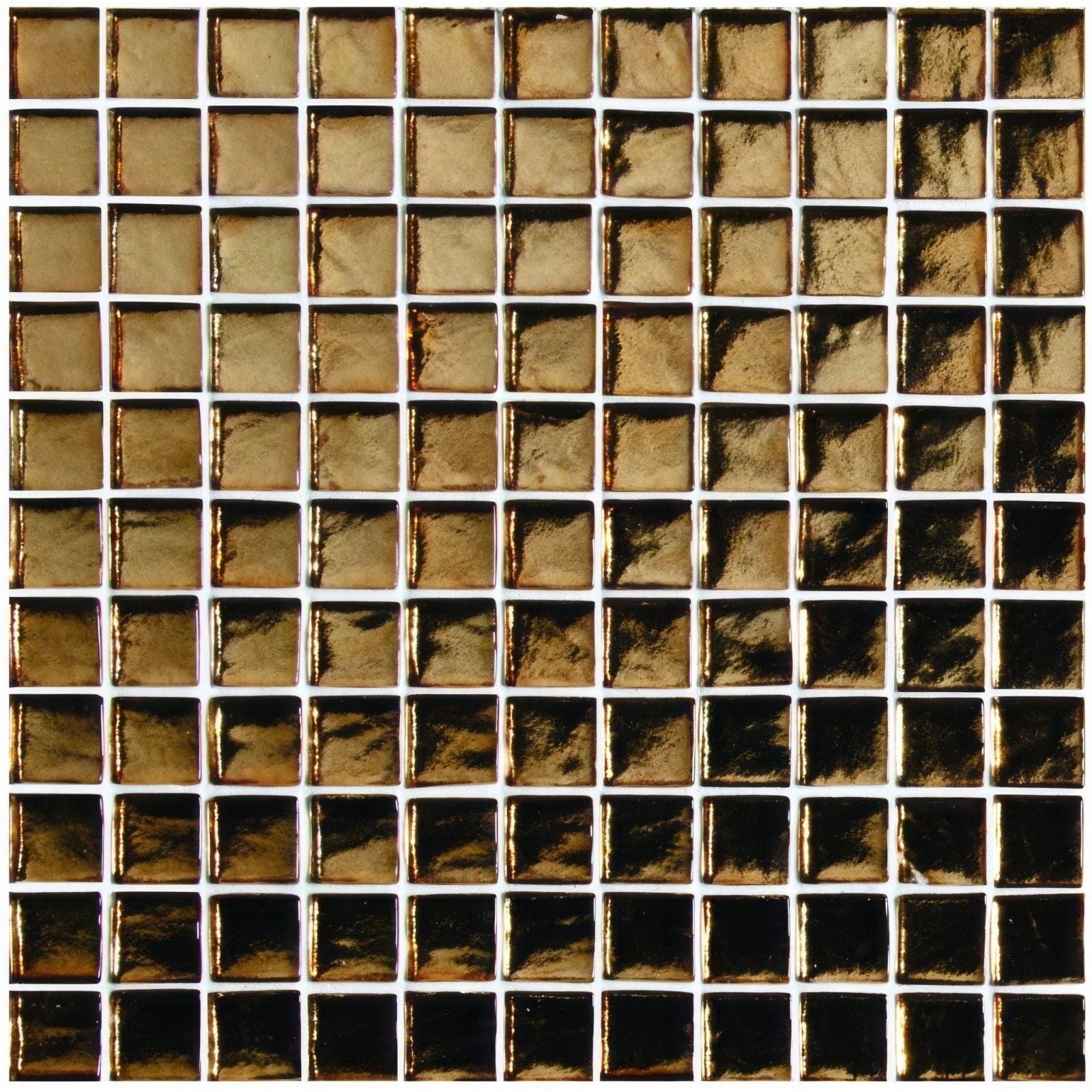 Gold-toned byzantium bronze glass mosaic tile with square pieces glossy reflective surface and white grout lines