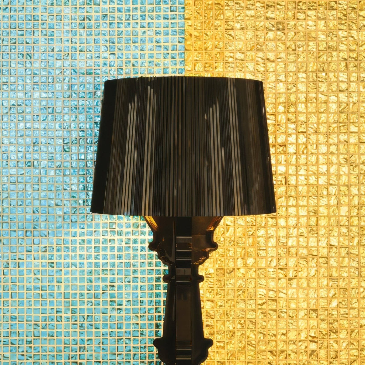 Byzantium Gem Gold Rush Glass Mosaic gold glass mosaic with a black pleated lamp