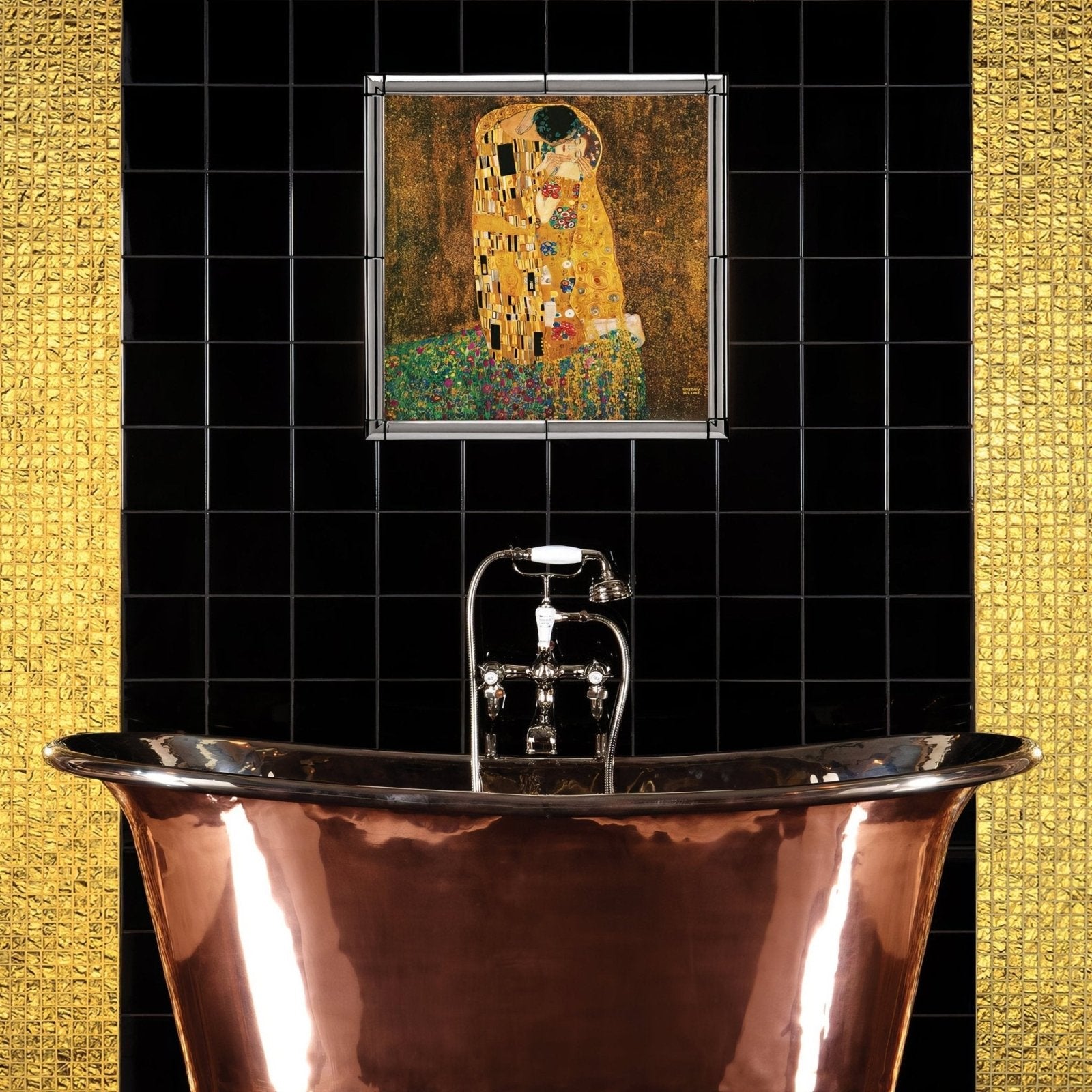 Shiny copper freestanding bathtub with polished reflective surface and classic curved design in byzantium gem gold rush glass mosaic