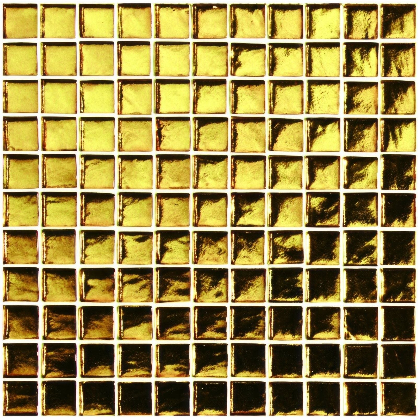 Byzantium gold glass mosaic of golden metallic square tiles with a reflective textured surface for decorative use