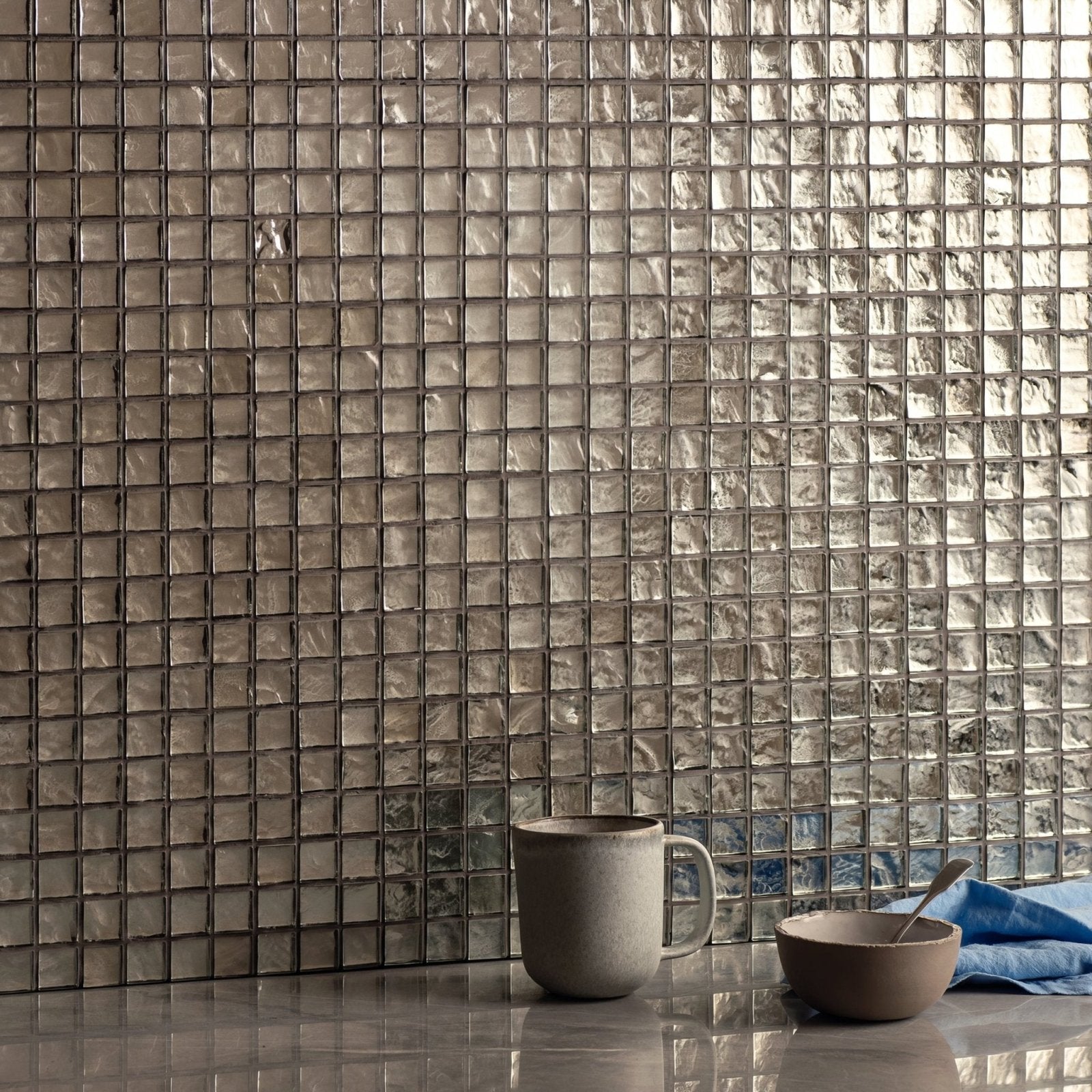 Byzantium platinum glass mosaic silver textured glass tile wall showcasing reflective mosaic design