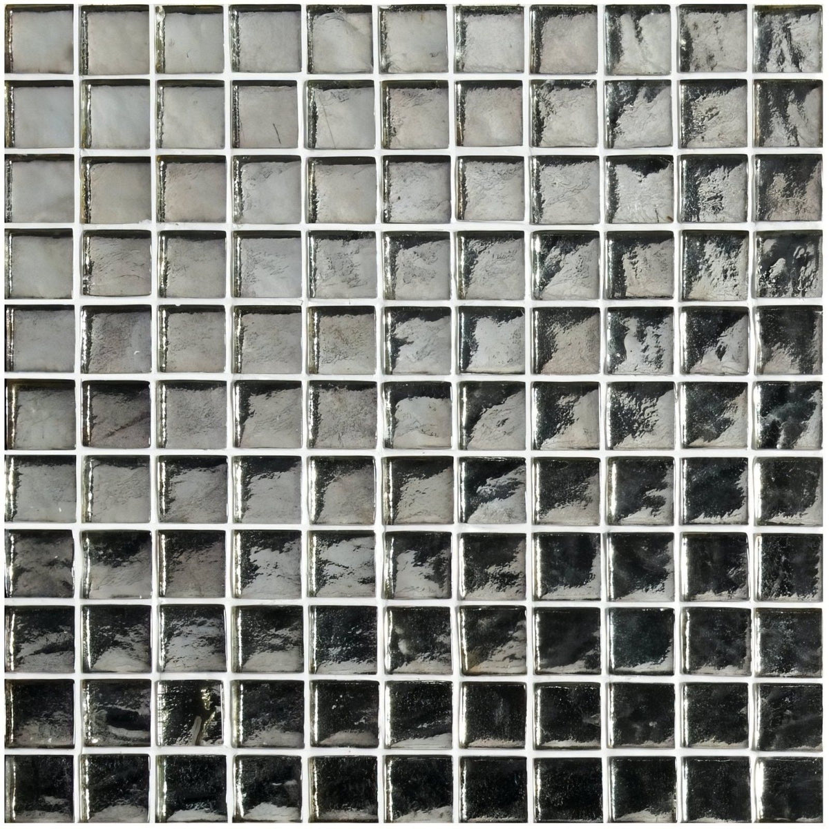 Byzantium platinum glass mosaic silver-toned textured tiles with a glossy finish and subtle shade variations