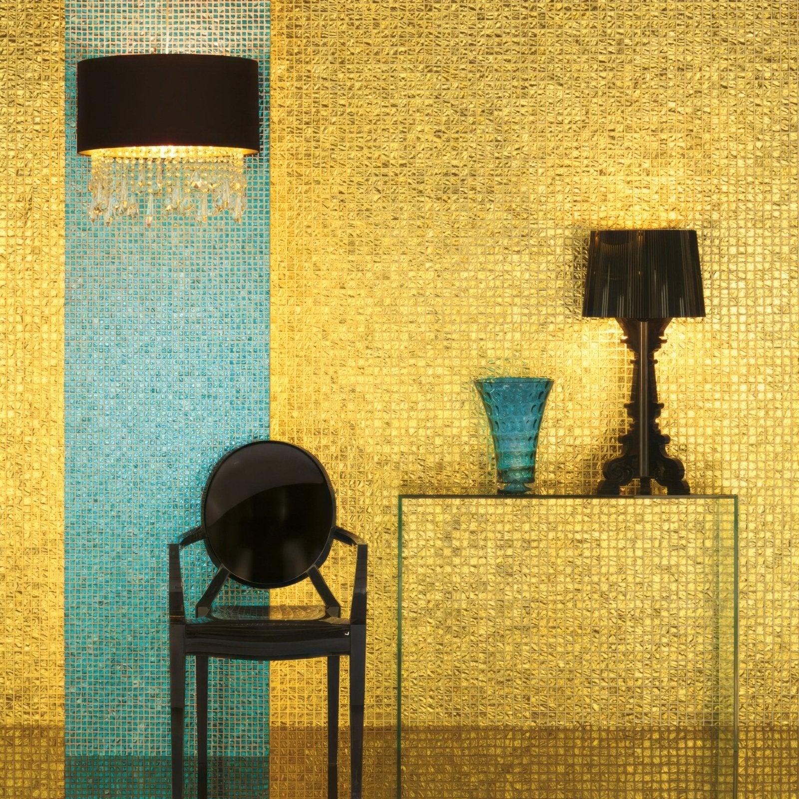 Black glossy chair with circular backrest and slender frame featuring byzantium treasure glass mosaic design