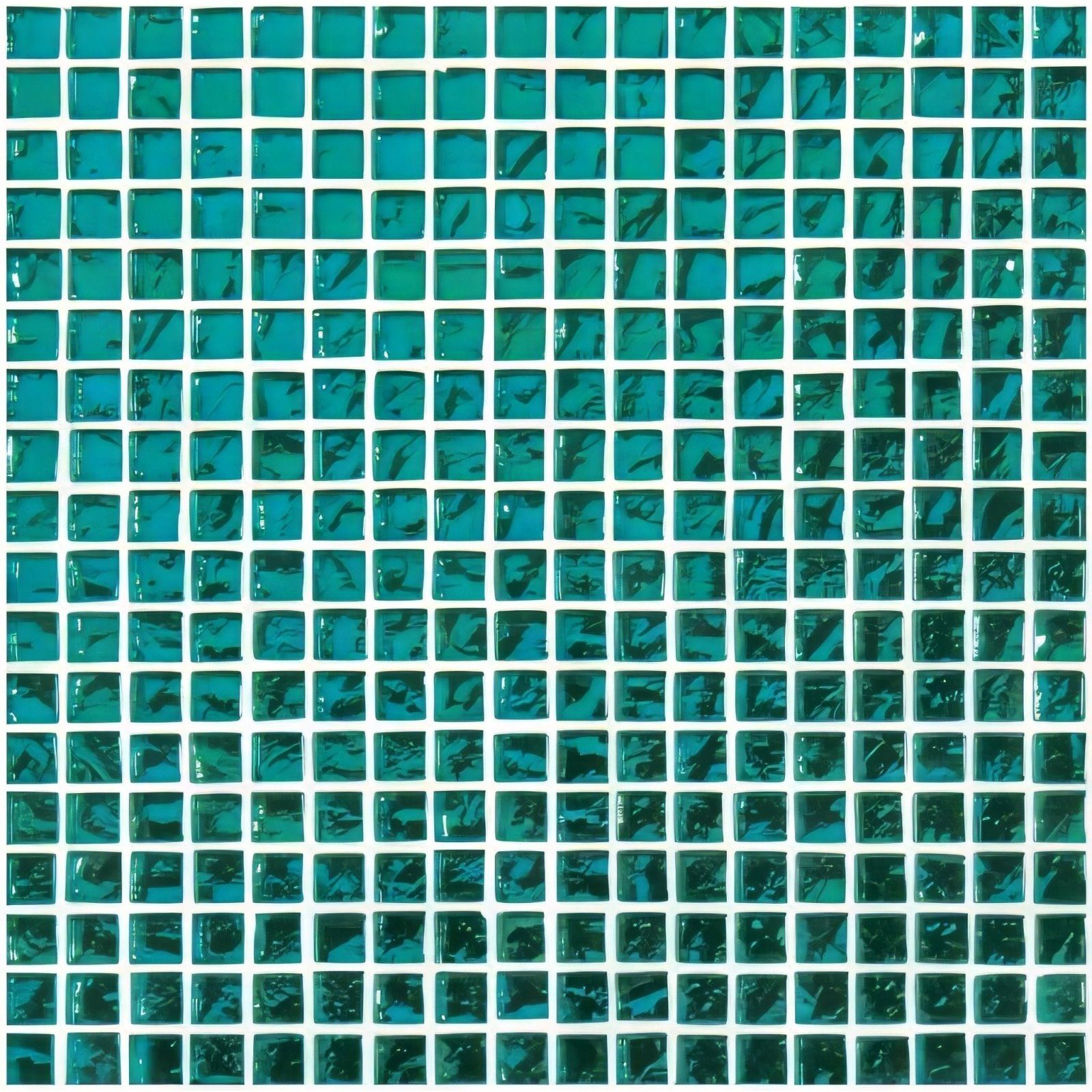 Teal glass mosaic tile from byzantium treasure with a glossy reflective surface and subtle marbled patterns