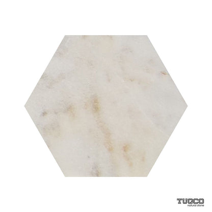 Calacatta Sugar honed marble hexagon tiles in bright white with bold grey veining