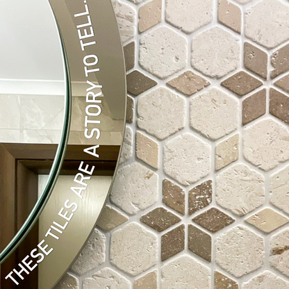 Full sheet of Shellstone limestone and mixed travertine tumbled starline mosaic laid flat