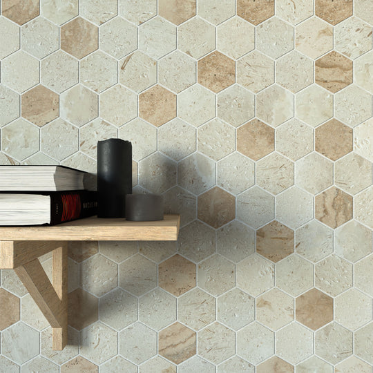 Limestone - Valencia Brushed Travertine Hexagon Mosaic Wall & Floor Tile
