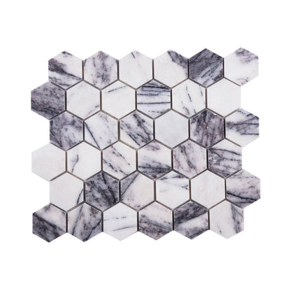 Full sheet of Calacatta Viola polished marble hexagon mosaic laid flat