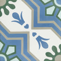 Blue and green floral-patterned cabana porcelain algarve ceramic tile with geometric borders for decorative use