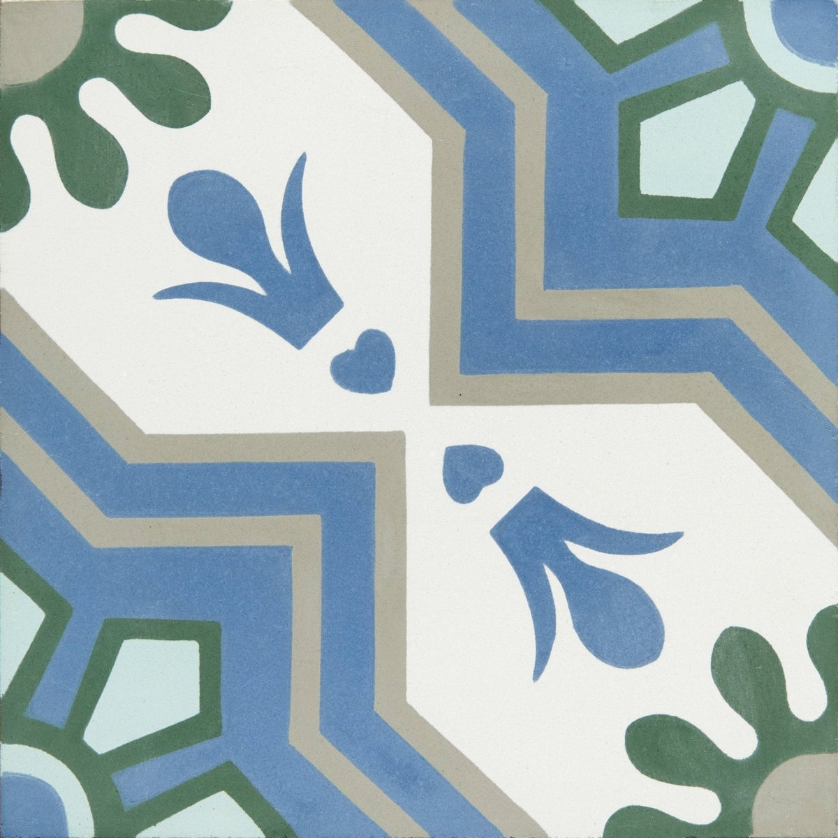 
Blue and green floral-patterned cabana porcelain algarve ceramic tile with geometric borders for decorative use