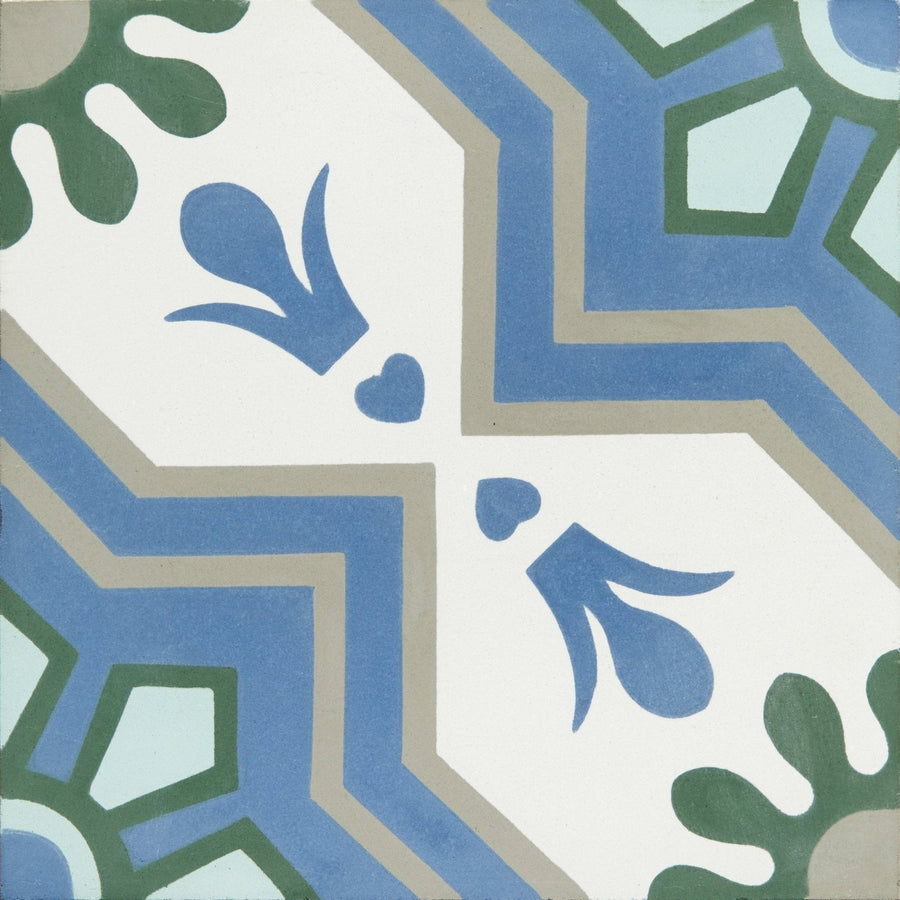 Blue and green floral-patterned cabana porcelain algarve ceramic tile with geometric borders for decorative use