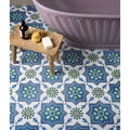 Blue and green geometric patterned cabana porcelain algarve bathroom tiles with white accents