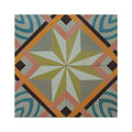 Cabana porcelain havana square mosaic tile with geometric starburst in muted yellow white gray and bold orange pink stripes