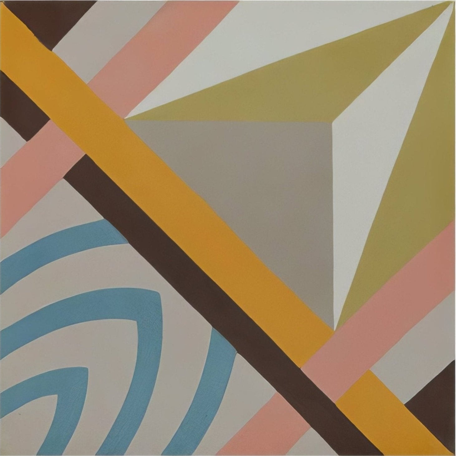 Abstract geometric painting with bold stripes and triangles in muted pastels mustard yellow brown and soft blue on neutral canvas cabana porcelain havana