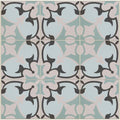 Light blue and soft pink cabana porcelain le marais ceramic tiles with black ornate floral patterns