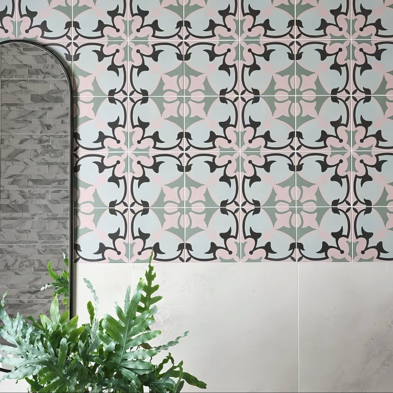 Cabana porcelain le marais pastel pink and sage green ceramic tiles with black ornate floral patterns