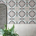 Cabana porcelain le marais pastel pink and sage green ceramic tiles with black ornate floral patterns