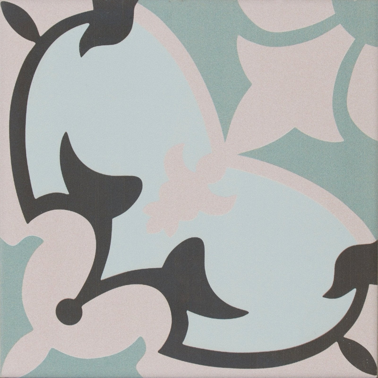 A square cabana porcelain le marais tile with an intricate floral pattern in pastel blue and pink outlined in black