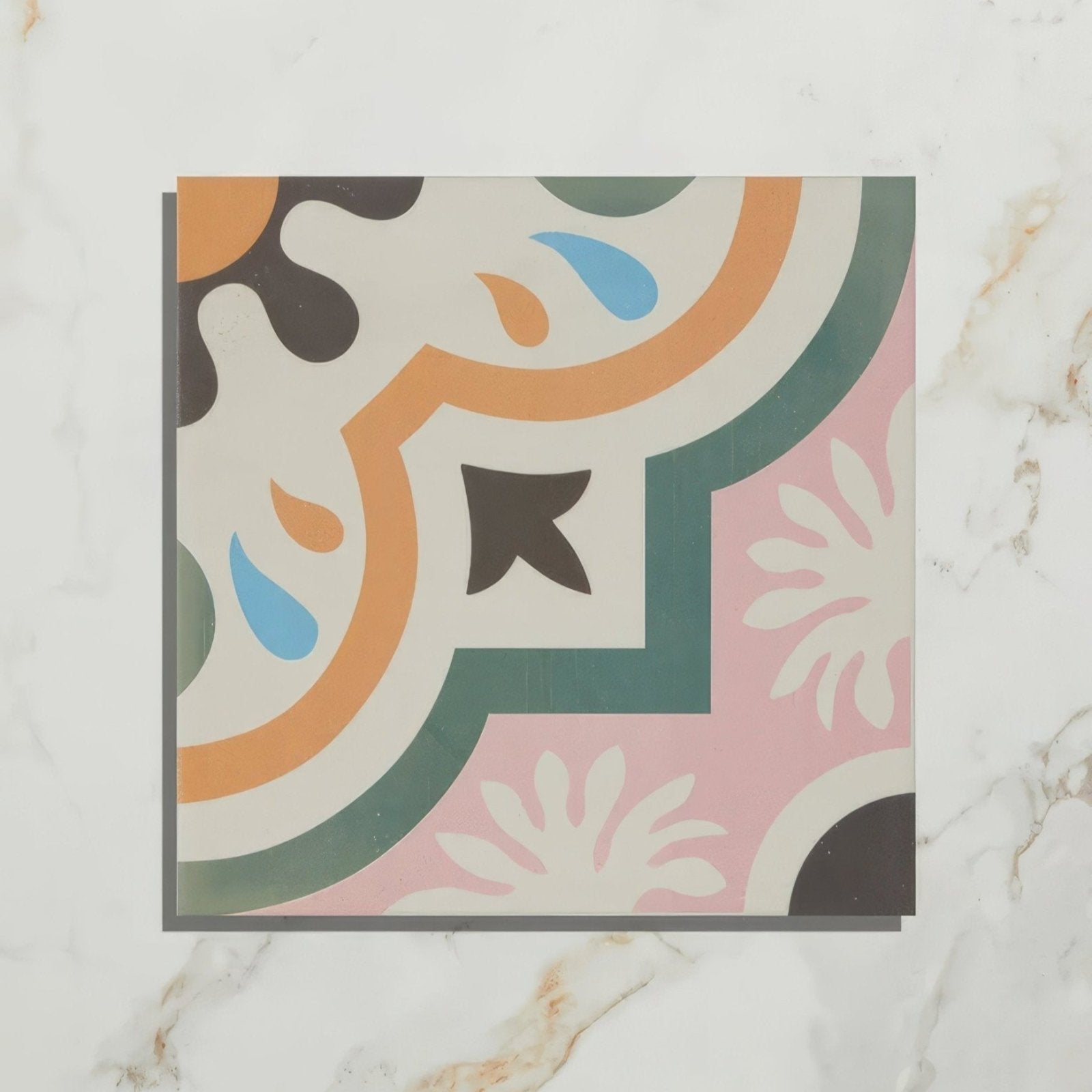 A square ceramic cabana porcelain tile in new orleans style with colorful vintage orange teal pink and black mosaic patterns