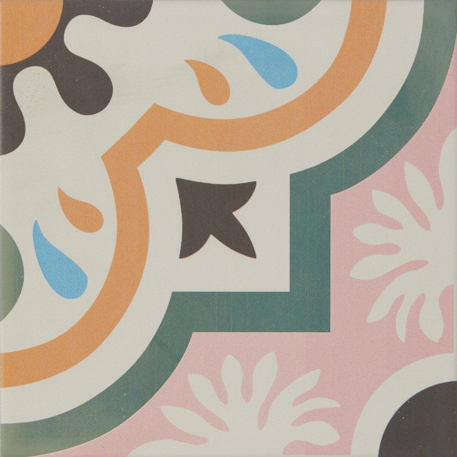 Cabana porcelain new orleans colorful patterned ceramic tile with vintage orange teal swirls and pink floral motifs