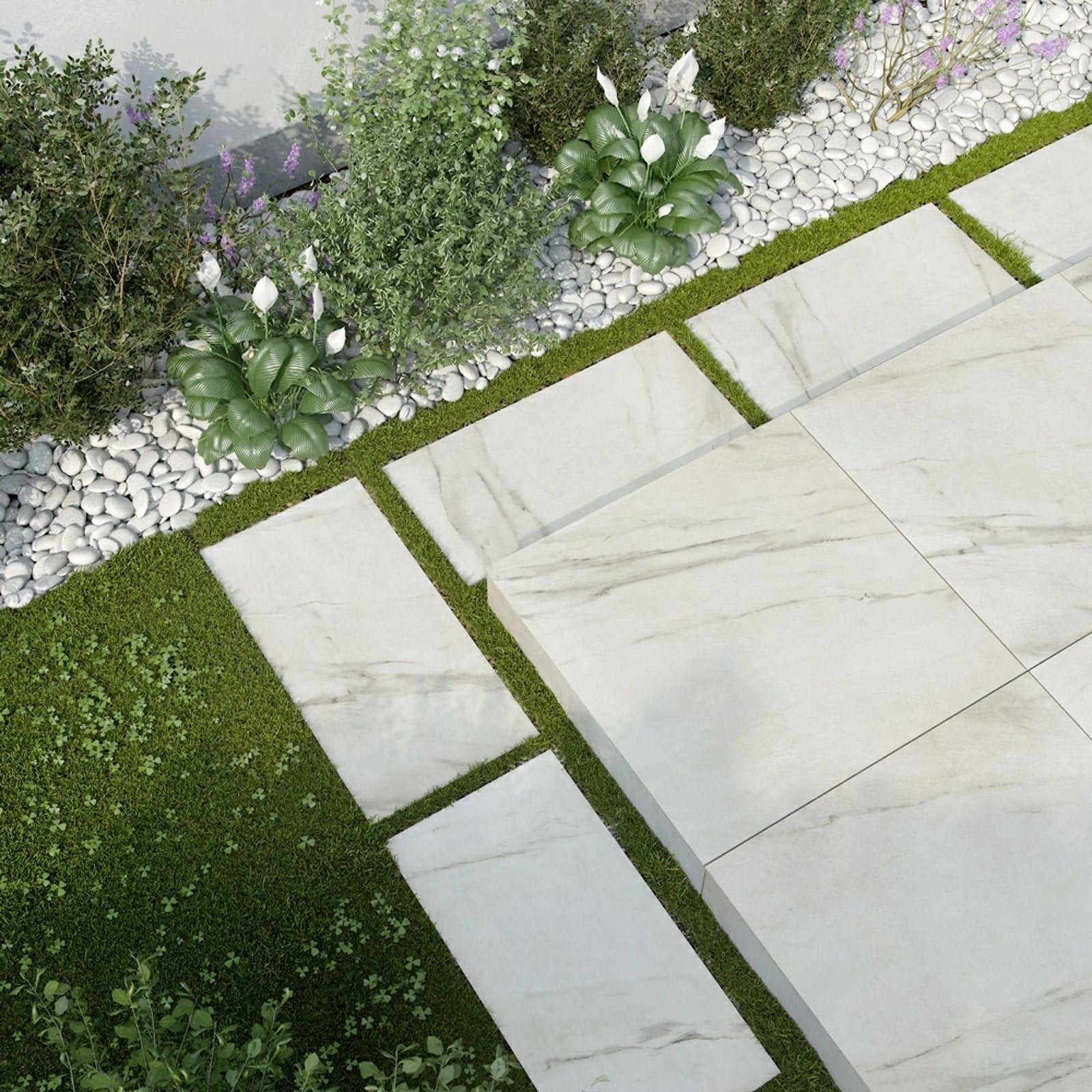 White marble pathway stones with subtle gray veining in calacatta gold matt porcelain paving