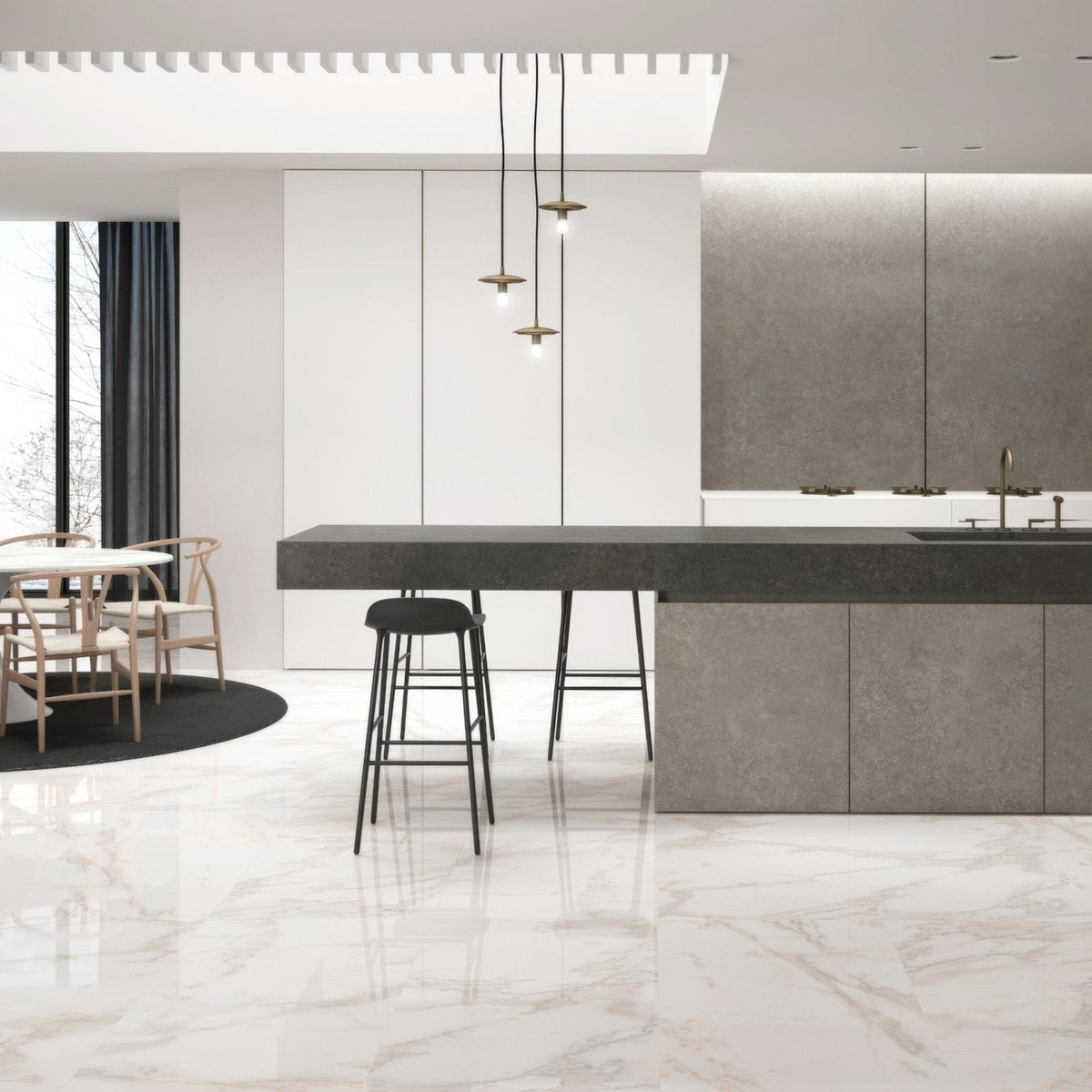 Calacatta Gold Polished Porcelain Tiles white marble-effect porcelain tiles with a dark grey kitchen island