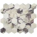 Calacatta viola marble hexagon mosaic tiles with creamy white base and swirling gray and dark veining