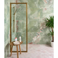 California Porcelain Jade green marble-effect tiles with a gold-framed glass shower enclosure