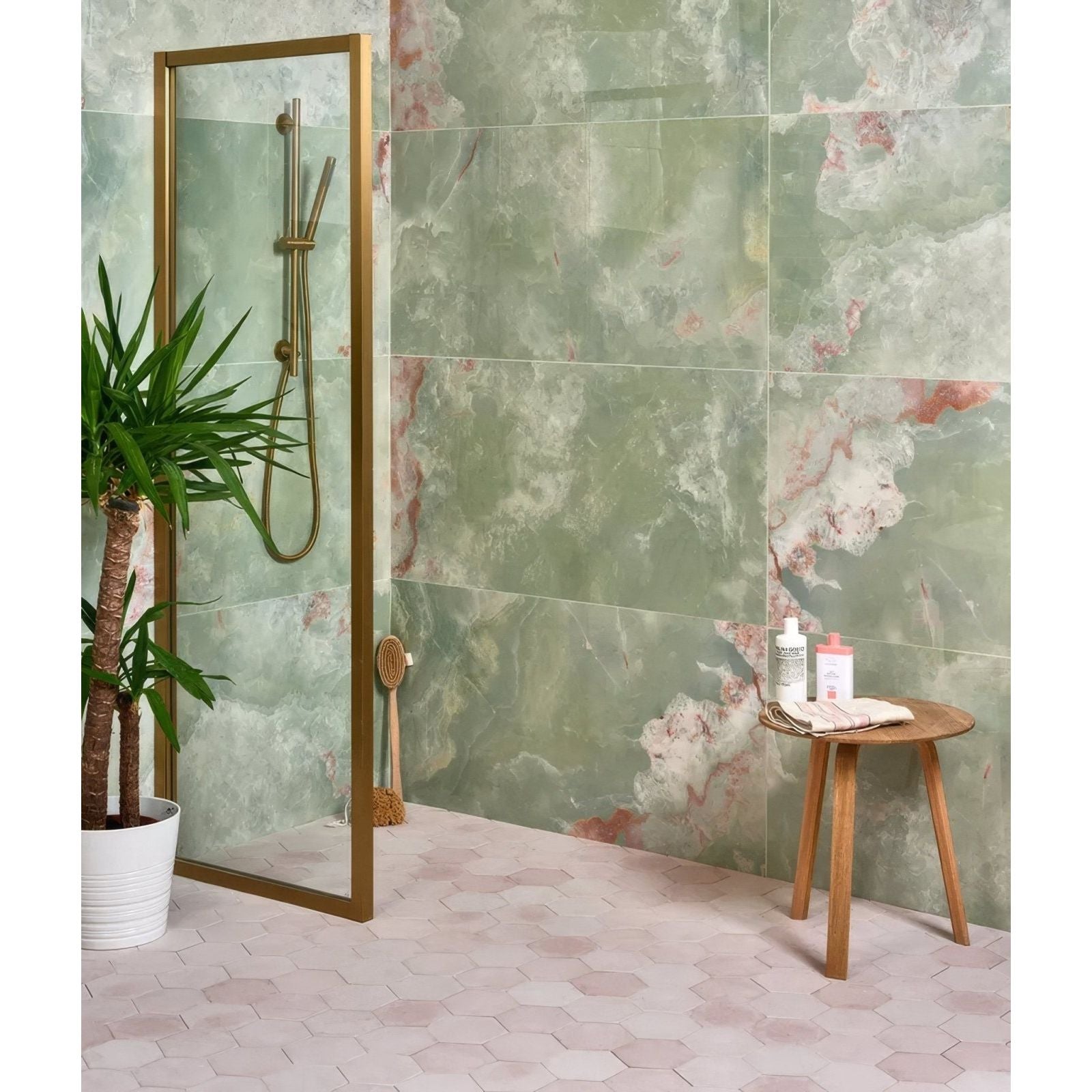 Green and pink marble-effect california porcelain jade wall tiles with natural veined pattern for stylish interiors