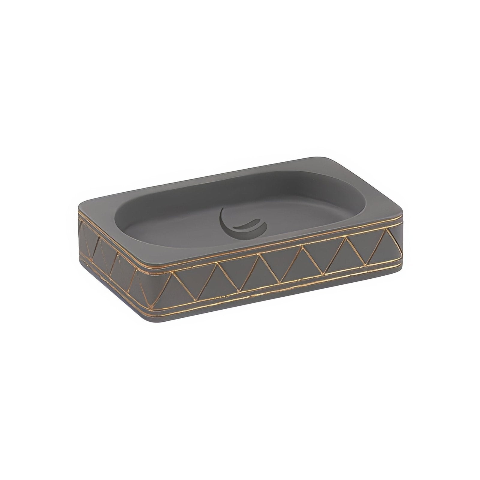 Calipso soap dish grey with a gray rectangular shape, gold geometric triangle trim, and crescent indentation center