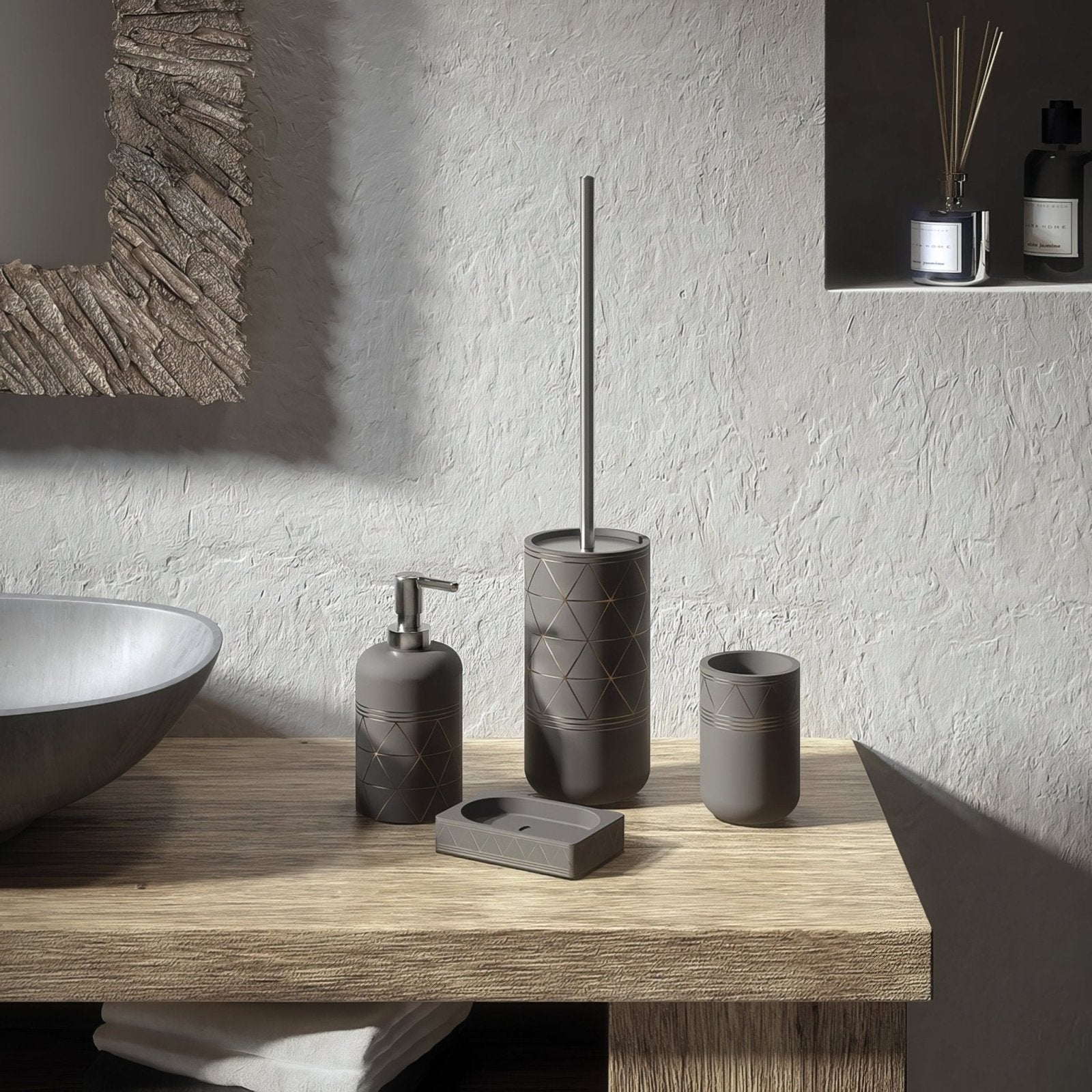 Calipso soap dish grey made of gray concrete with geometric etched patterns for bathroom use