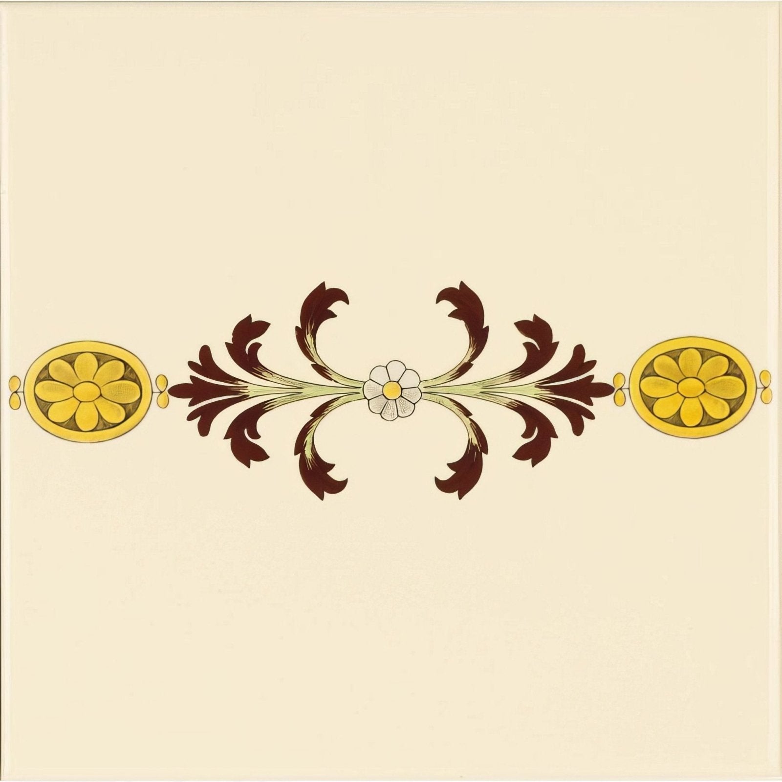 Ornate cameo carousel border on county white with symmetrical floral motifs in gold and dark brown accents