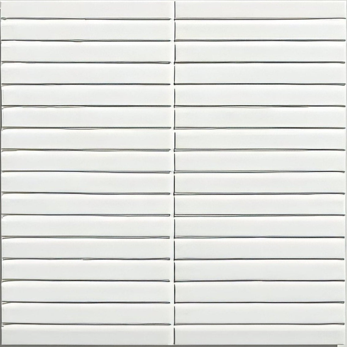 White rectangular candy cane porcelain mosaic peppermint tiles with subtle gray grout in a grid pattern