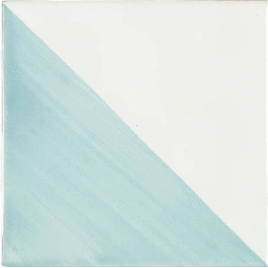 Capri Lagoon hand painted ceramic tile with a diagonal split in soft mint green and crisp white colors