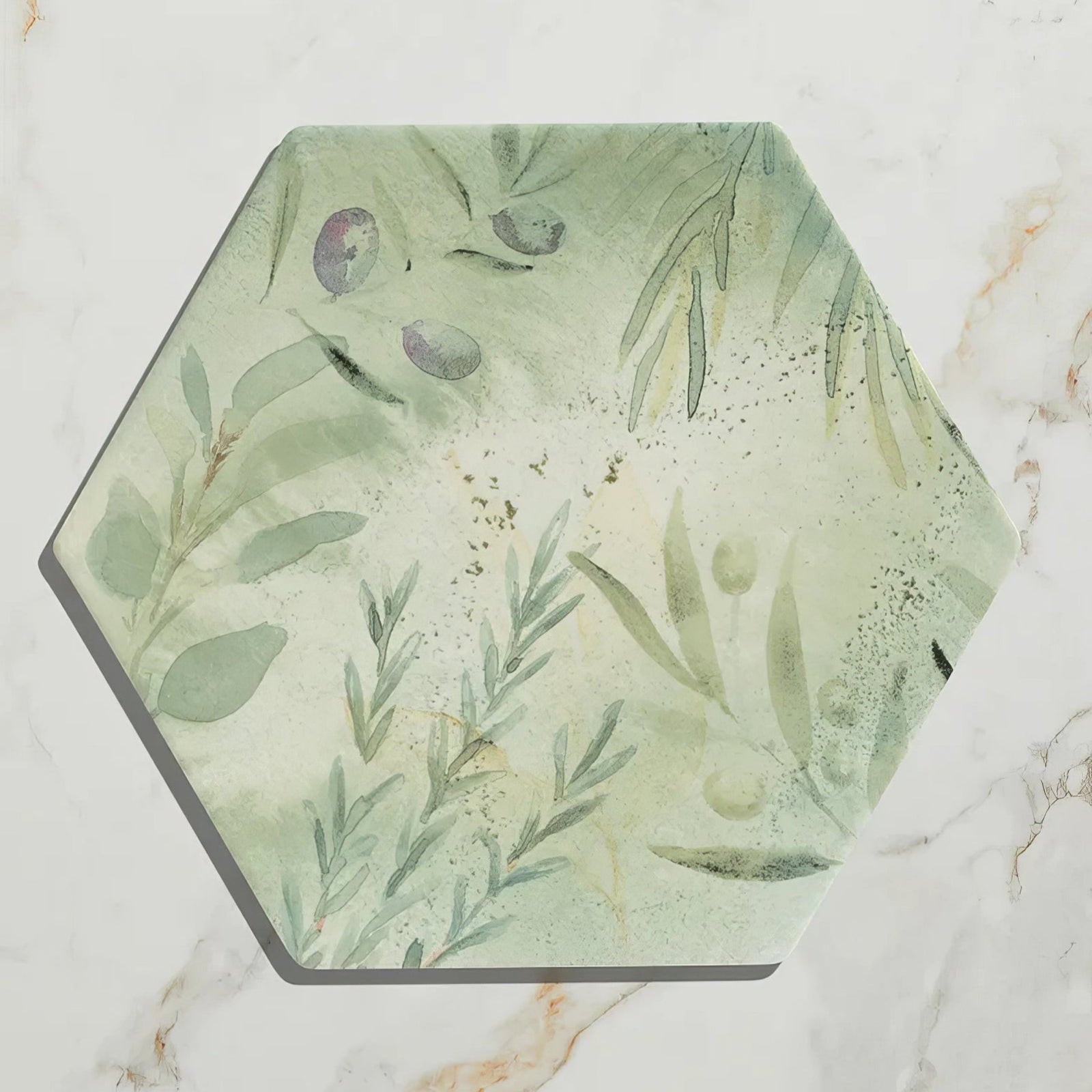 Capri porcelain hexagonal coaster with soft green watercolor olive branches on porcelain surface