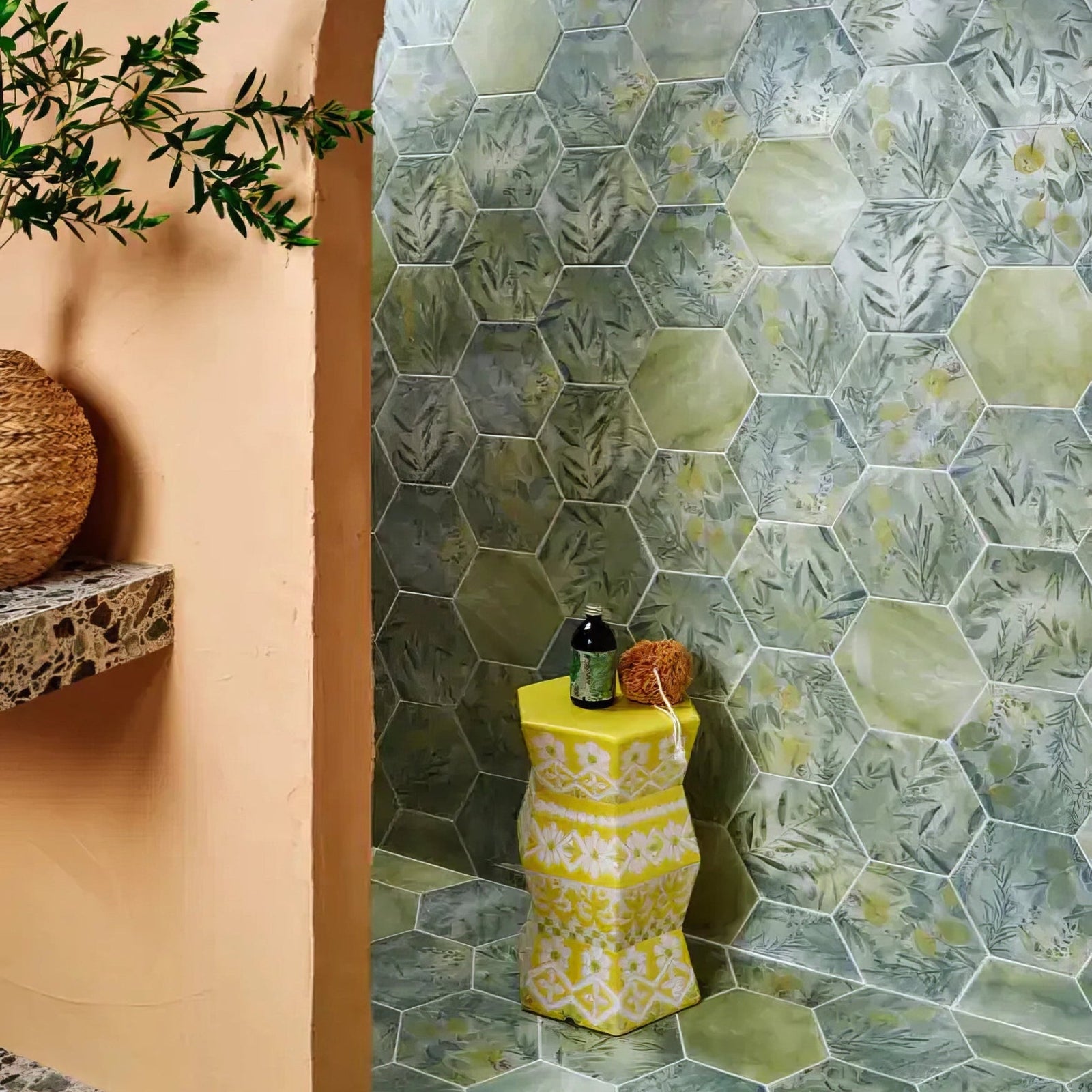 Yellow hexagonal porcelain side table with white floral pattern from capri porcelain collection