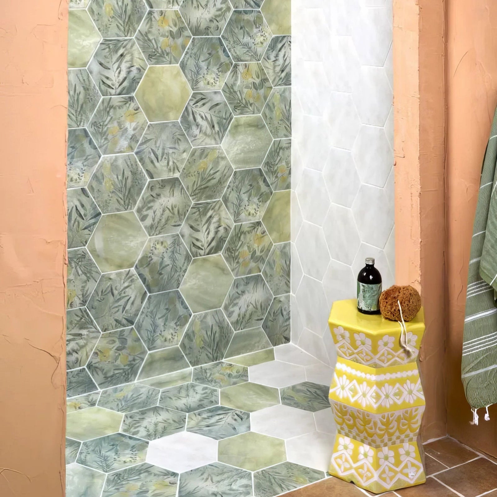 Yellow hexagonal porcelain stool with white floral pattern and textured surface from capri porcelain collection