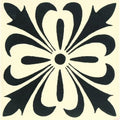 Cardigan black fabric featuring black stylized floral tile on a cream-colored dover white background