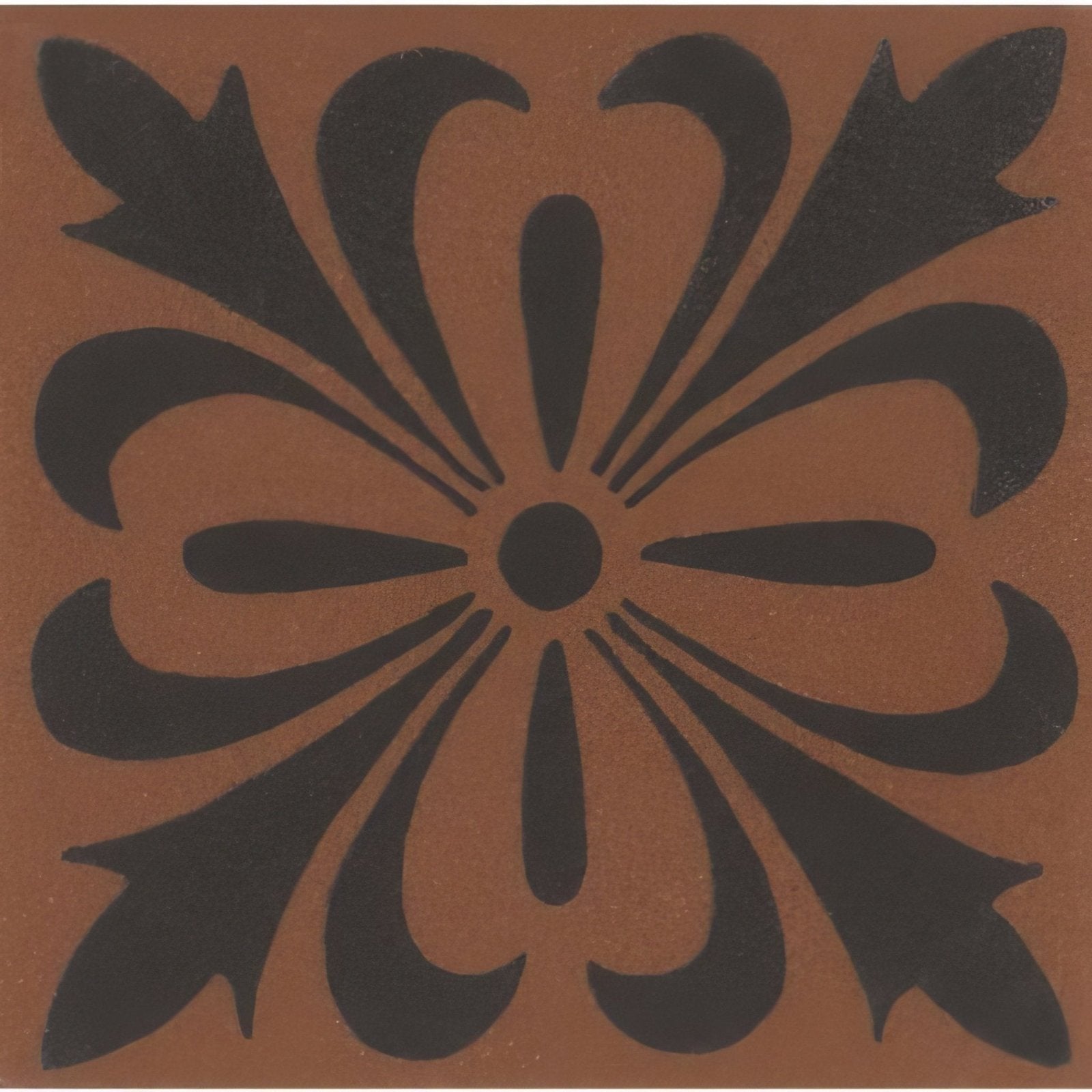 Cardigan black on red terracotta tile with bold black stylized floral pattern for decorative use