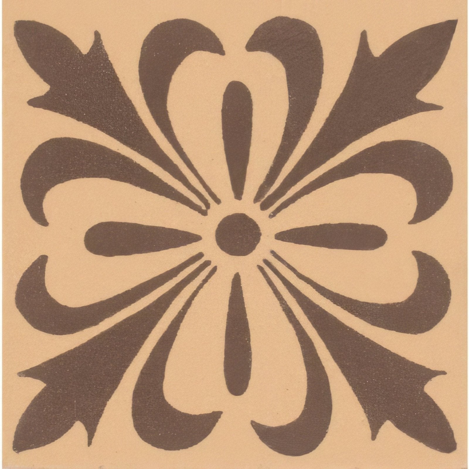 A cardigan brown fabric with a brown stylized floral tile pattern featuring symmetrical petals on buff background