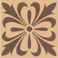 A cardigan brown fabric with a brown stylized floral tile pattern featuring symmetrical petals on buff background
